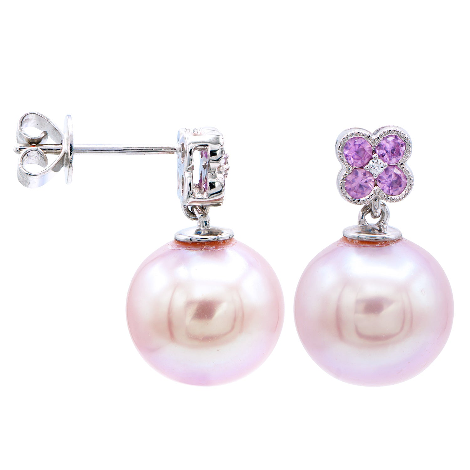 14K White Gold Pink Sapphire Freshwater Pearl Earrings, 10-11mm, 0.34ct