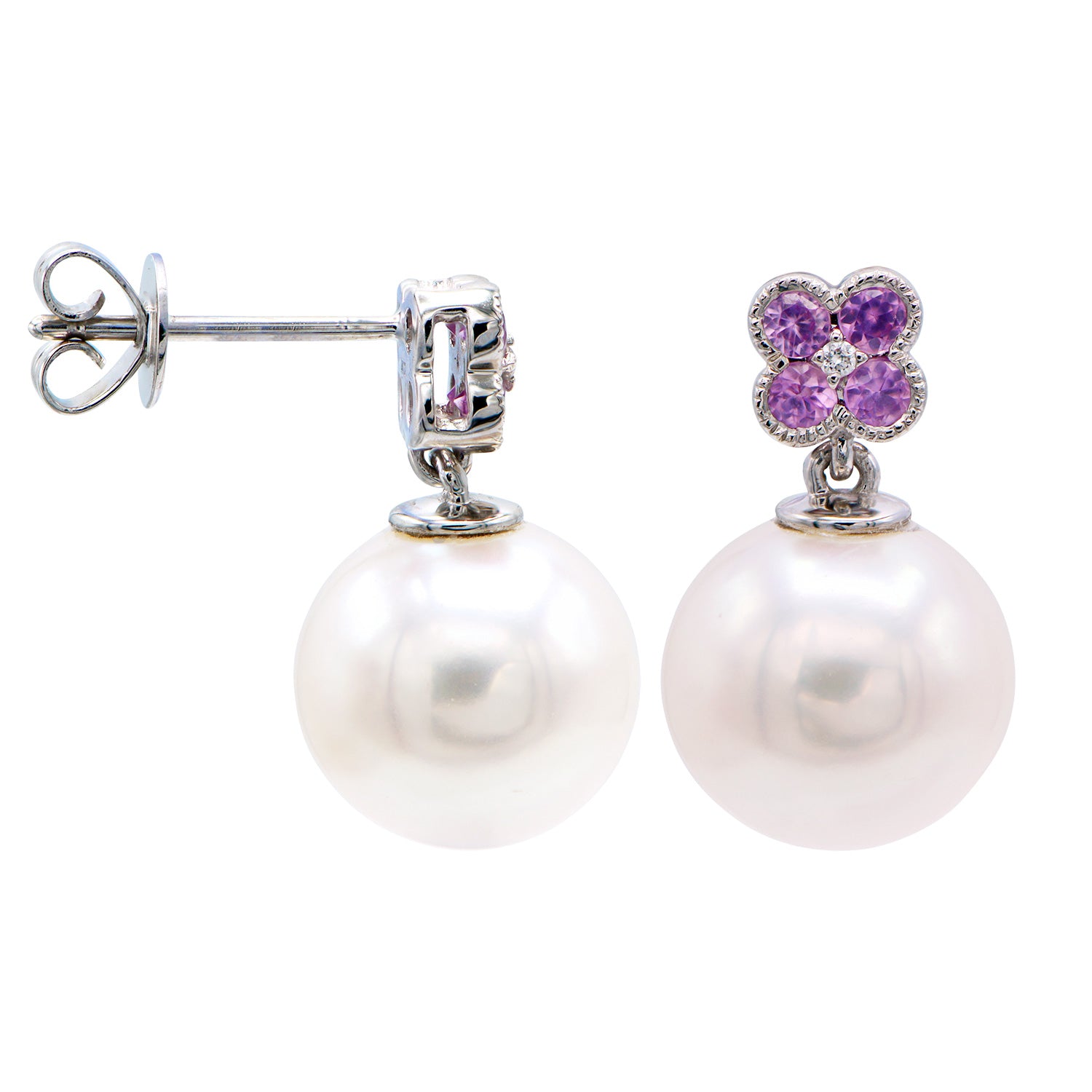 14K White Gold Freshwater Pearl Pink Sapphire Earrings, 10-11mm, 0.34ct