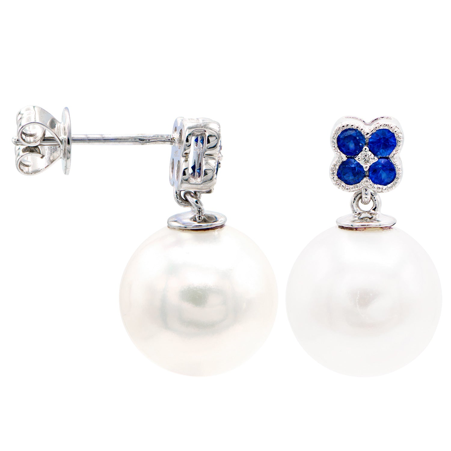 14K White Gold Blue Sapphire Pearl Earrings, 10-11mm, 0.43ct