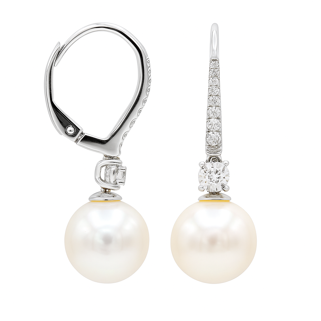 14K White Gold South Sea Pearl Earrings, 9-10mm, 0.19ct