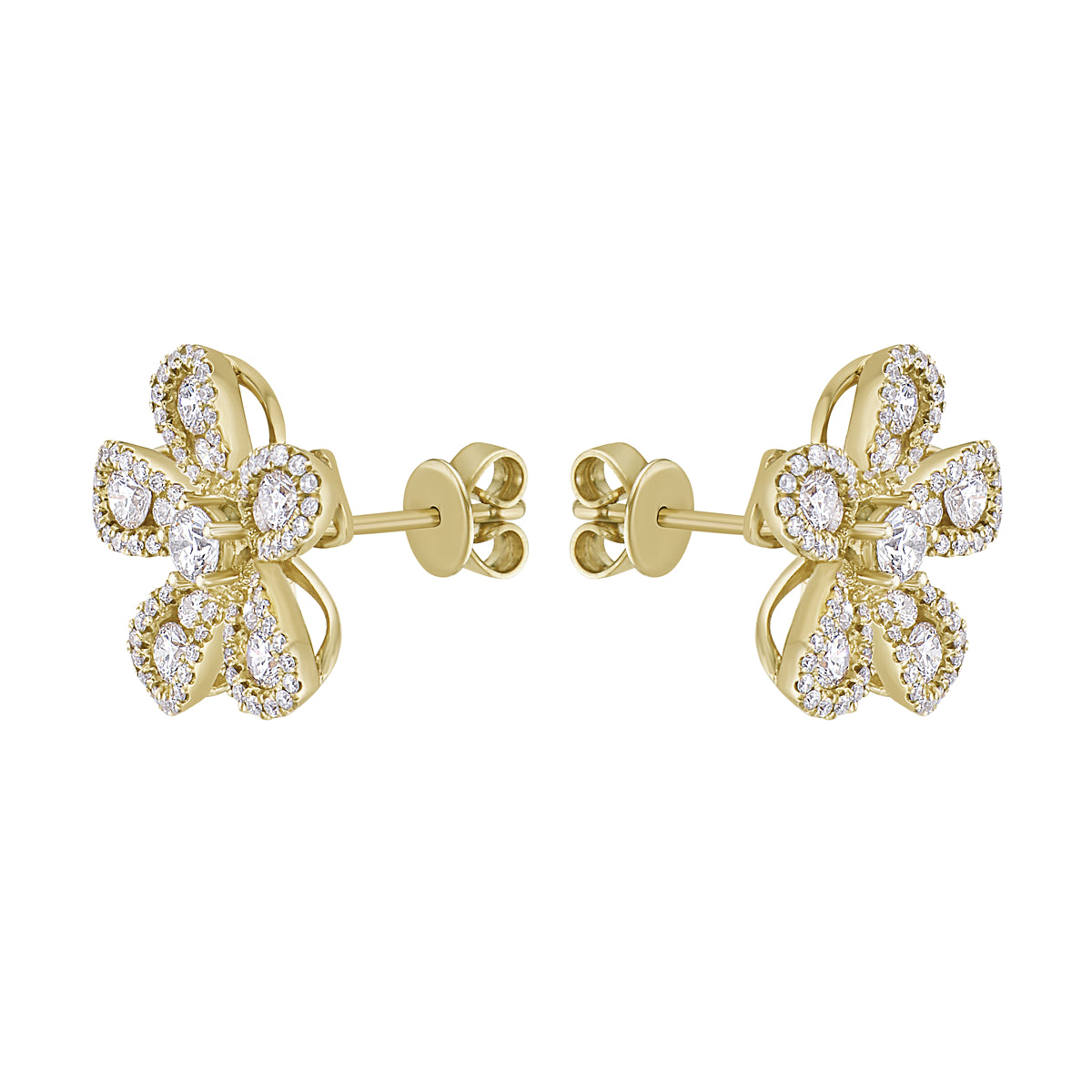 14K Yellow Gold Five Petal Diamond Studs, 1.05ct