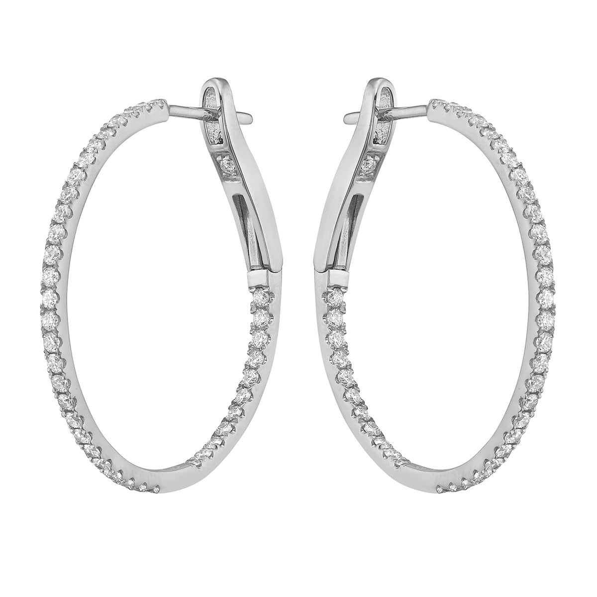 14K White Gold Inside and Out Diamond Hoop Earrings, 1 Inch, 0.65ct