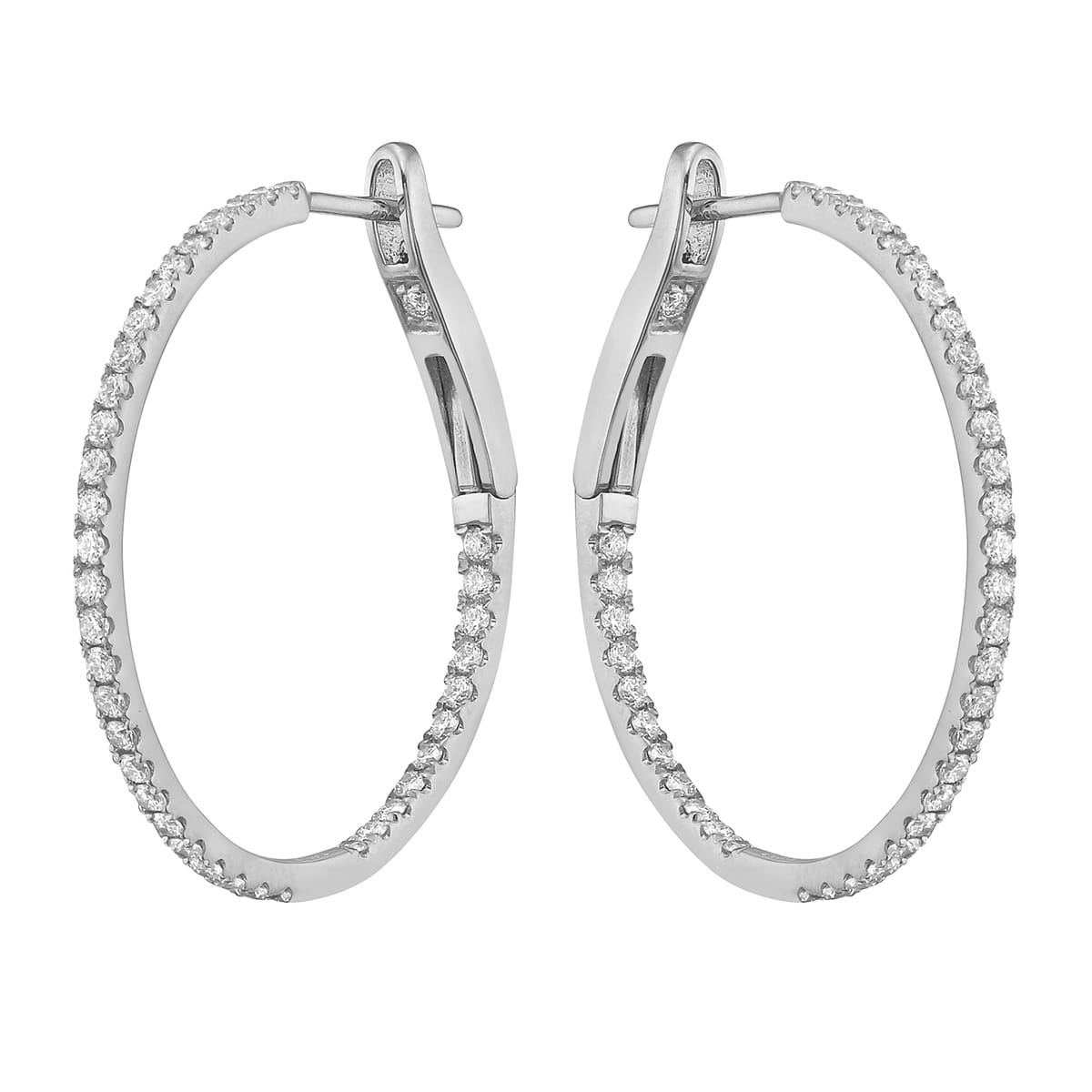 14K White Gold Inside and Out Diamond Hoop Earrings, 1 Inch, 0.65ct