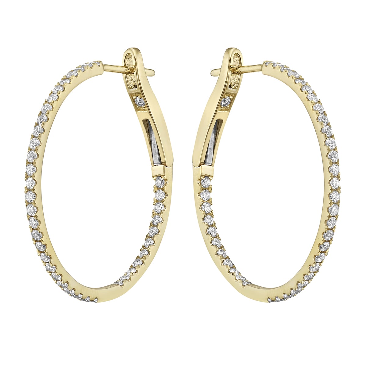 14K Yellow Gold Inside and Out Diamond Hoop Earrings, 1 Inch, 0.65ct