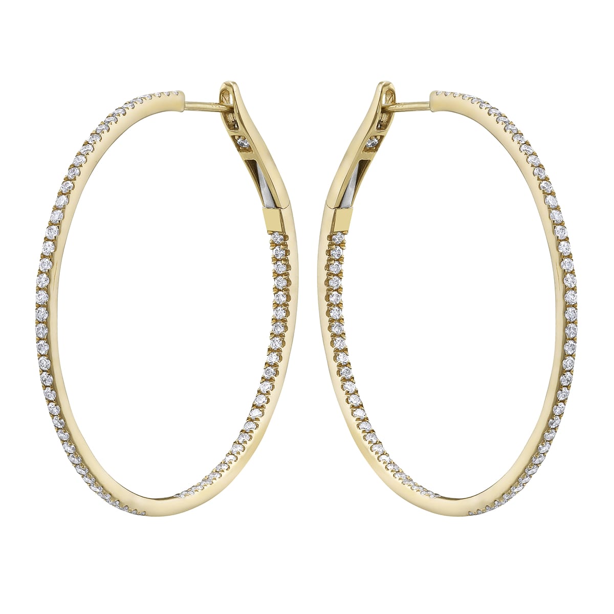 14K Yellow Gold Inside and Out Diamond Hoop Earrings, 1.5 Inch, 0.99ct
