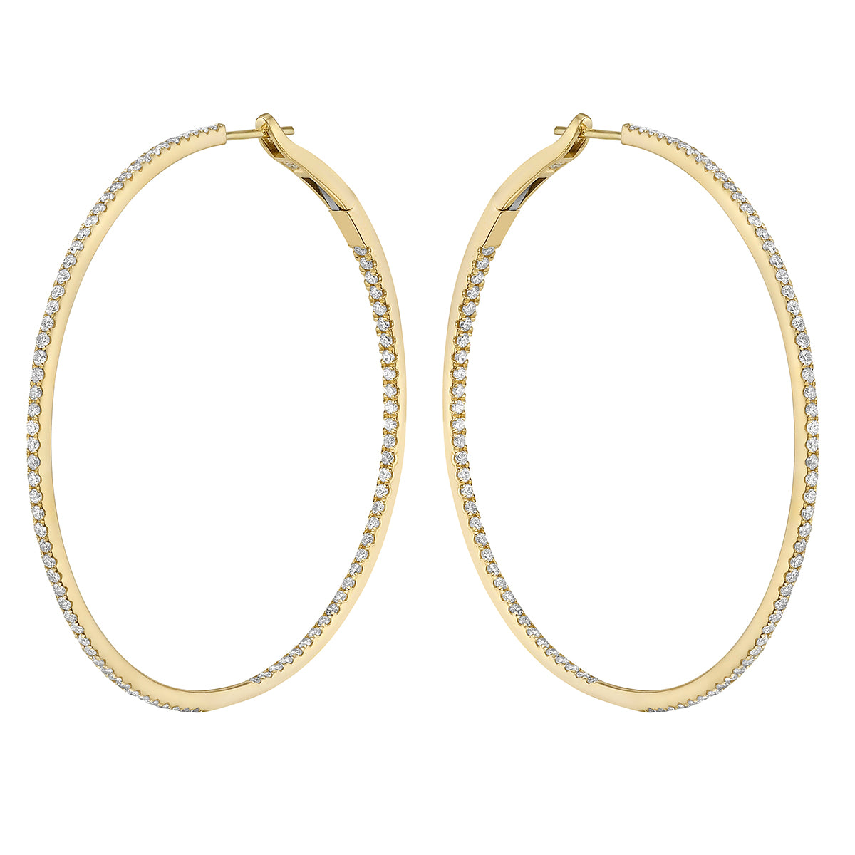 14K Yellow Gold Inside and Out Diamond Hoop Earrings, 2 Inch, 1.34ct