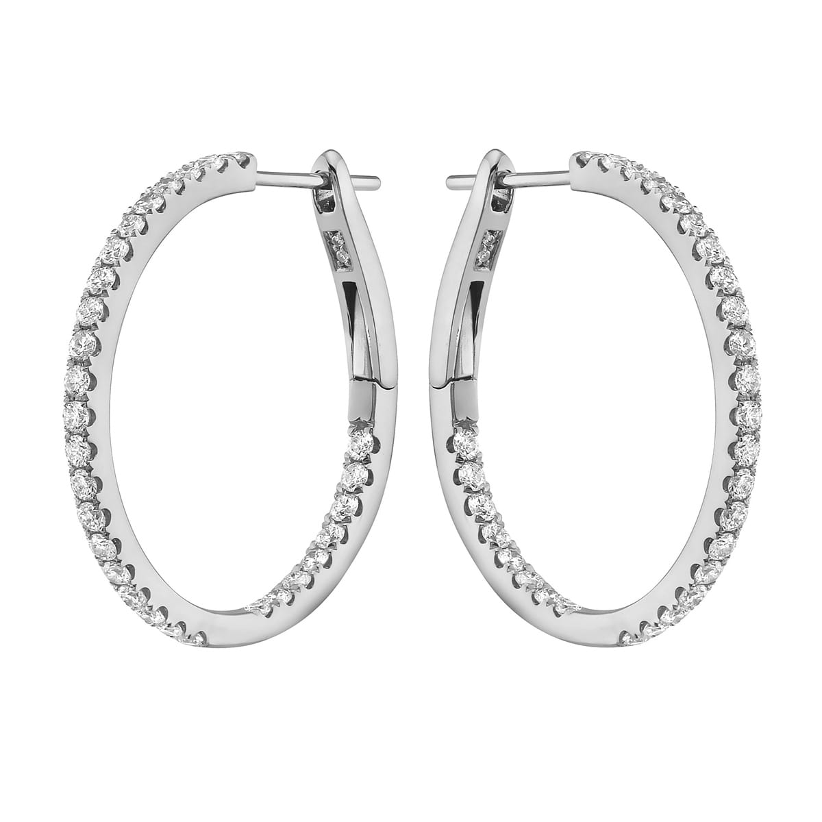 14K White Gold Inside and Out Diamond Hoop Earrings, 1 Inch, 1.02ct