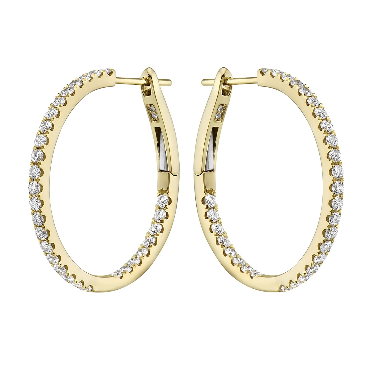 14K Yellow Gold Inside and Out Diamond Hoop Earrings, 1 Inch, 1.02ct