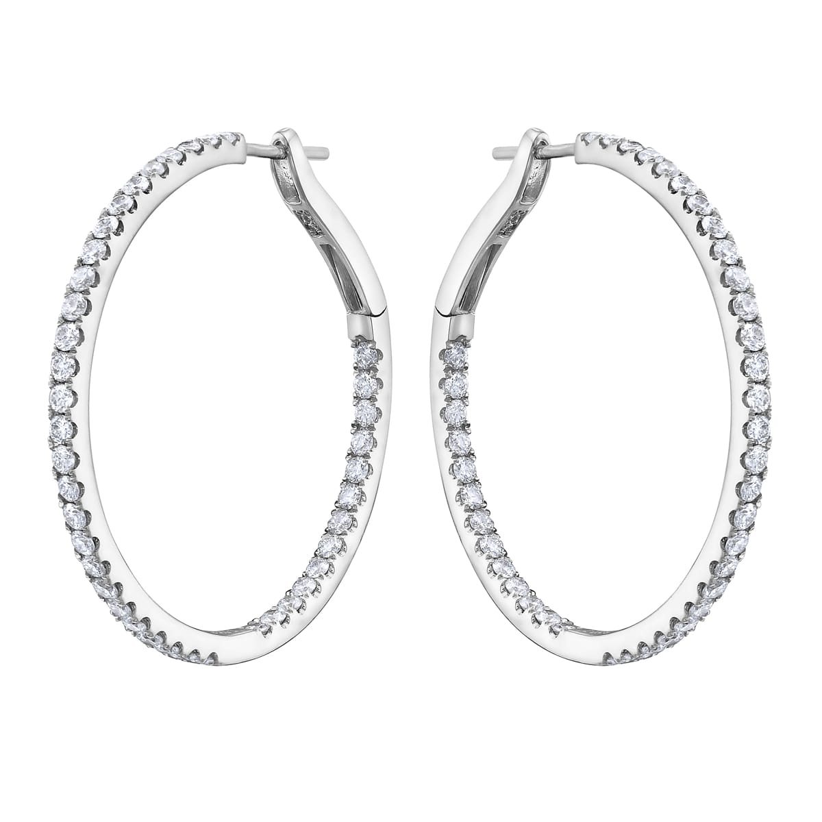 14K White Gold Inside and Out Diamond Hoop Earrings, 1.25 Inch, 1.41ct