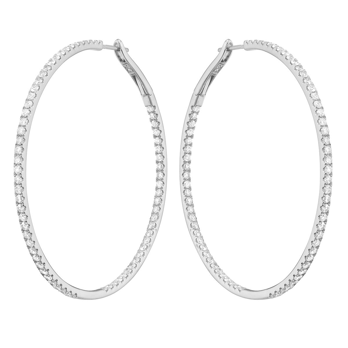 14K White Gold Inside and Out Diamond Hoop Earrings, 2 Inch, 2.3ct
