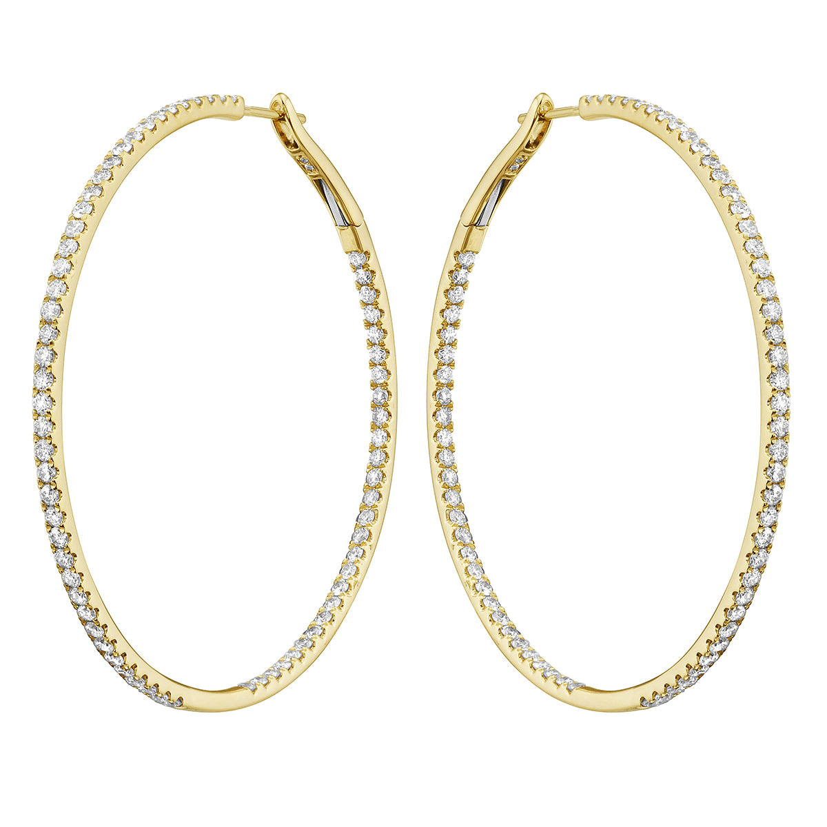 14K Yellow Gold Insdie and Out Diamond Hoop Earrings, 2 Inch, 2.3ct