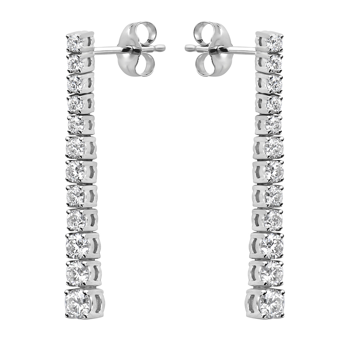 14K White Gold Single Row Drop Diamond Earrings, 1.52ct