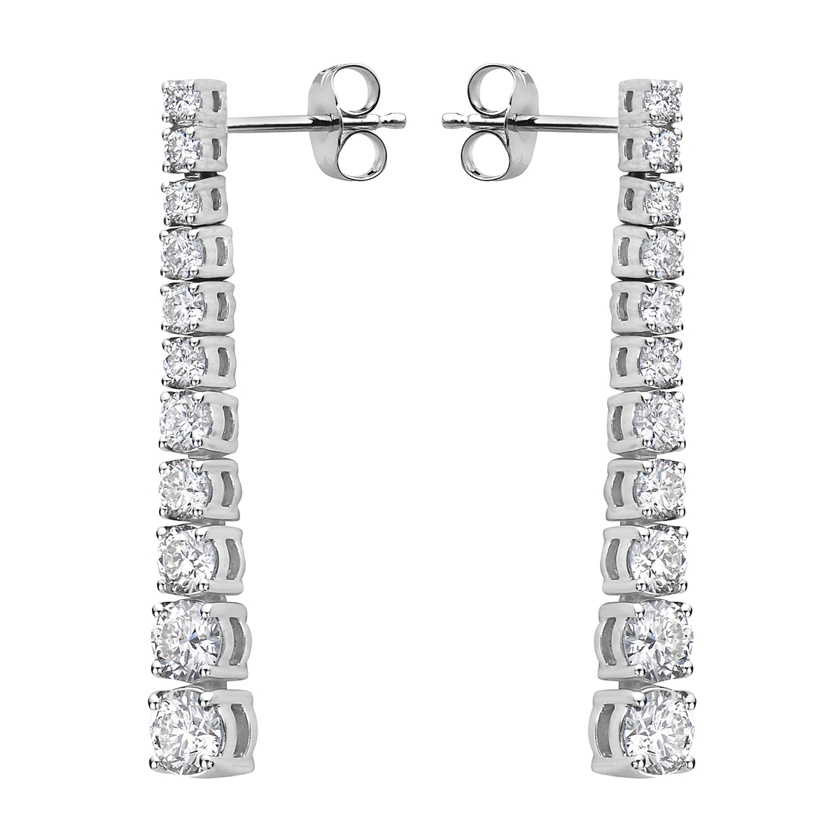 14K White Gold Single Row Drop Diamond Earrings, 2.5ct