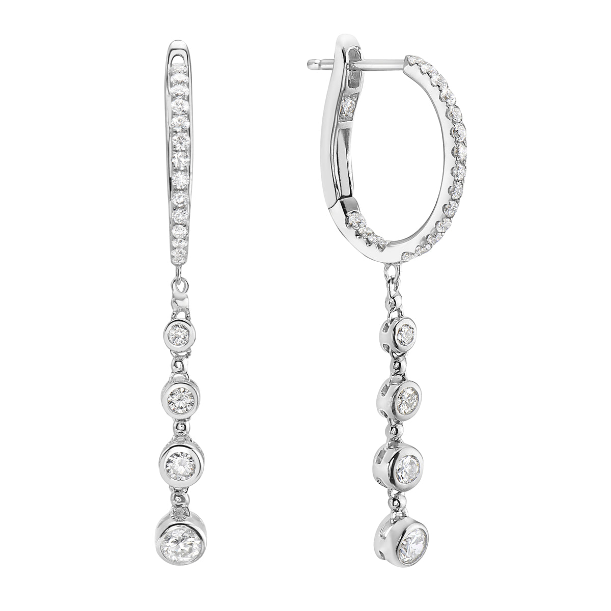 White Gold Bezel Set Diamond Dangle Hoop Earrings