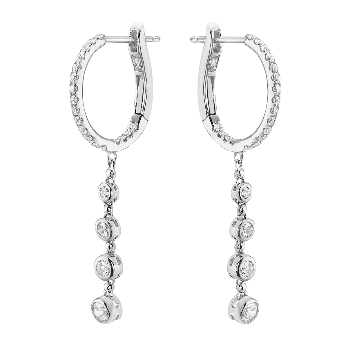 14K White Gold Bezel Set Diamond Dangle Hoop Earrings, 0.86ct