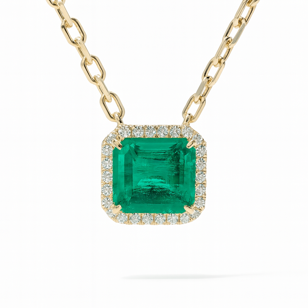 AEP156364Y - Necklace 14KY/7.6G 1EMER-4.99CT 26RD-0.36CT