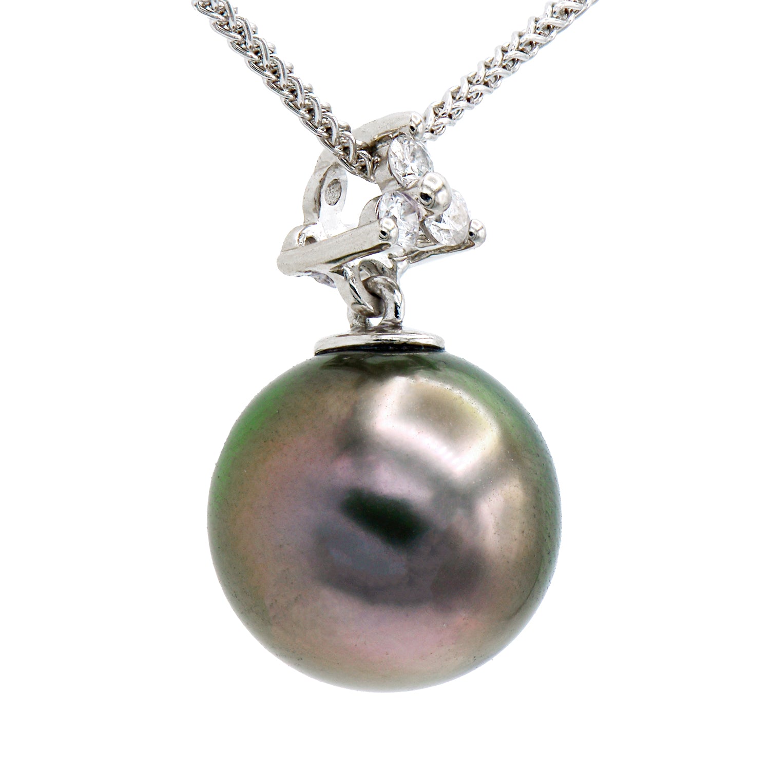 14K White Gold Tahitian Pearl Pendant, 10-11mm, 0.06ct