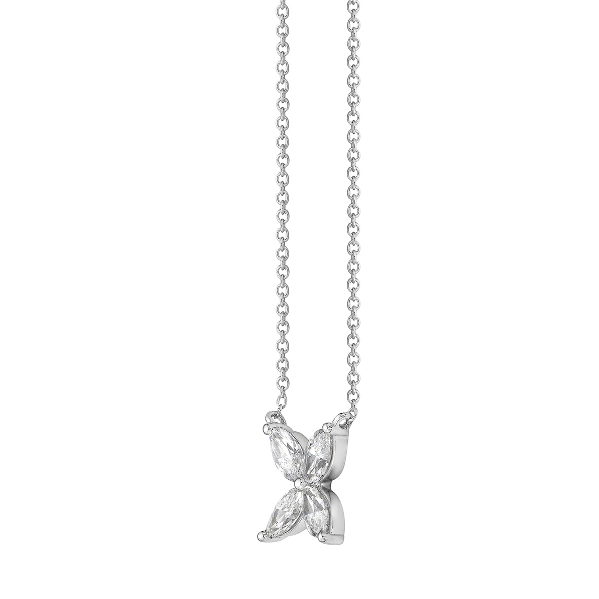 14K White Gold Four Petal White Gold Diamond Flower Pendant, 0.77ct