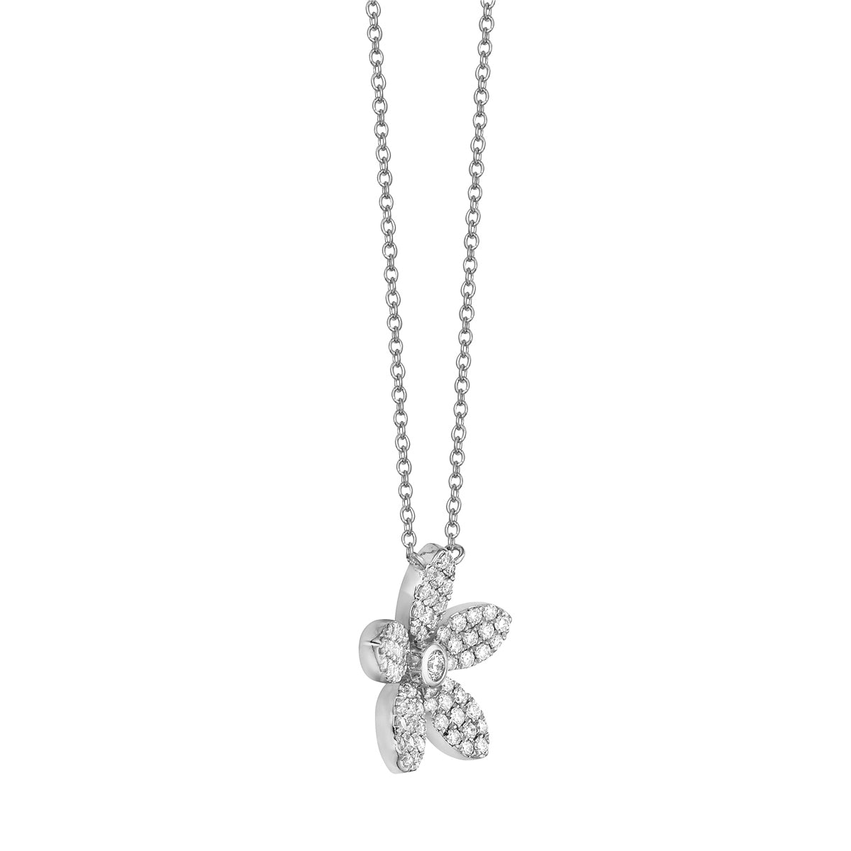 14K White Gold Five Petal Diamond Flower Pendant, 0.39ct