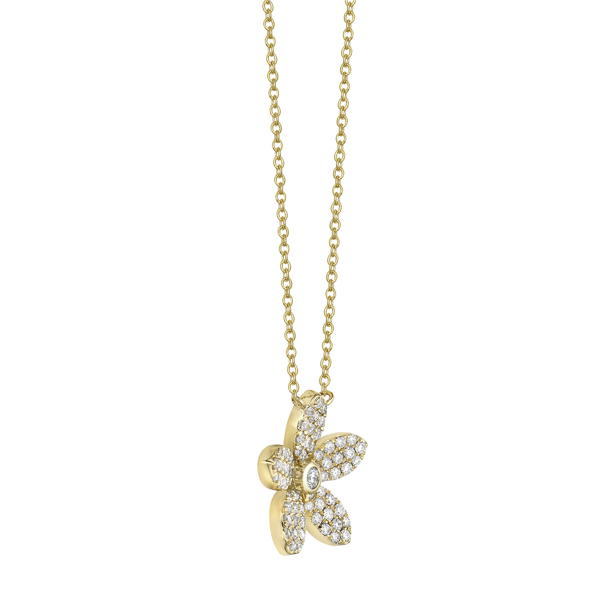 14K Yellow Gold Five Petal Diamond Flower Pendant, 0.38ct