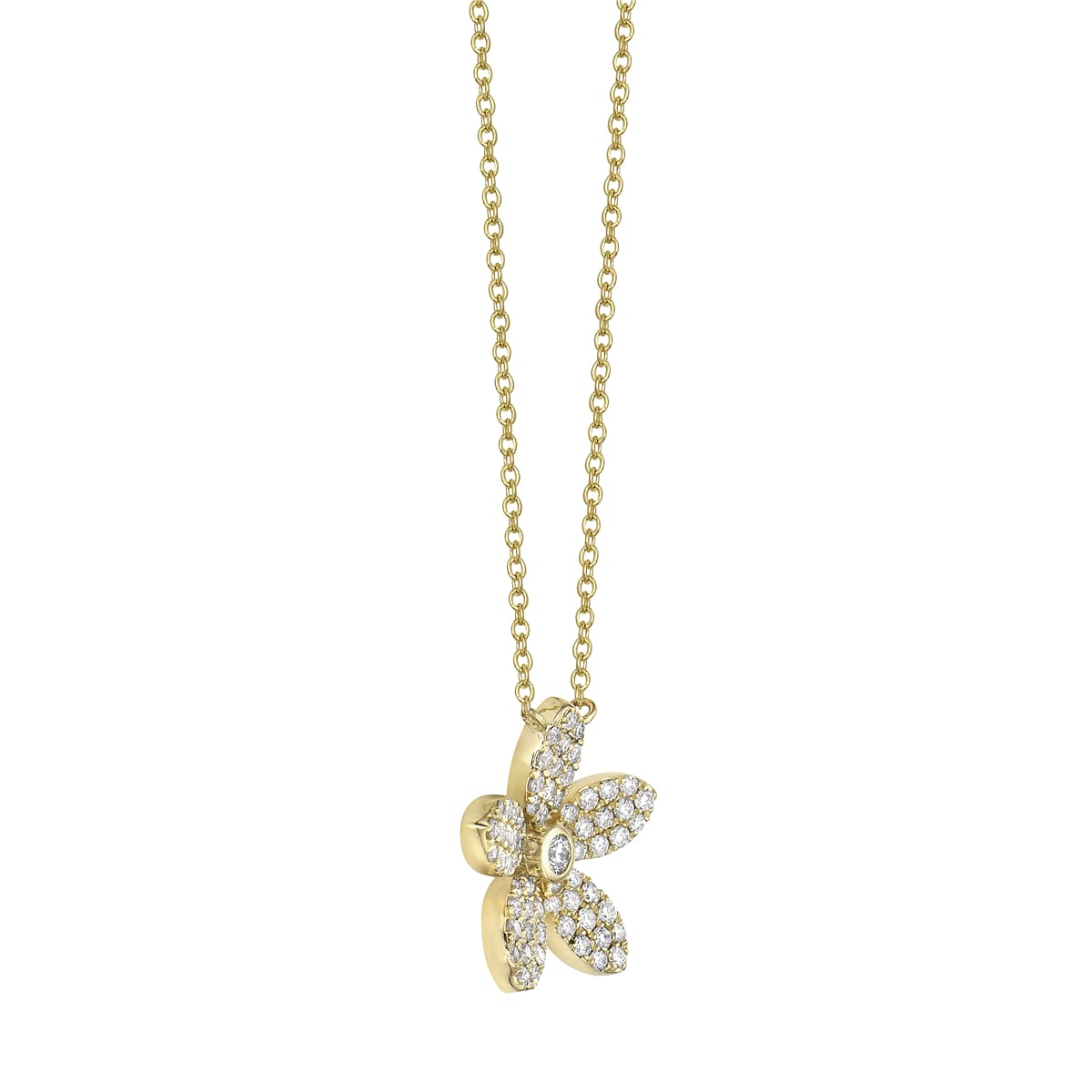 14K Yellow Gold Five Petal Diamond Flower Pendant, 0.38ct