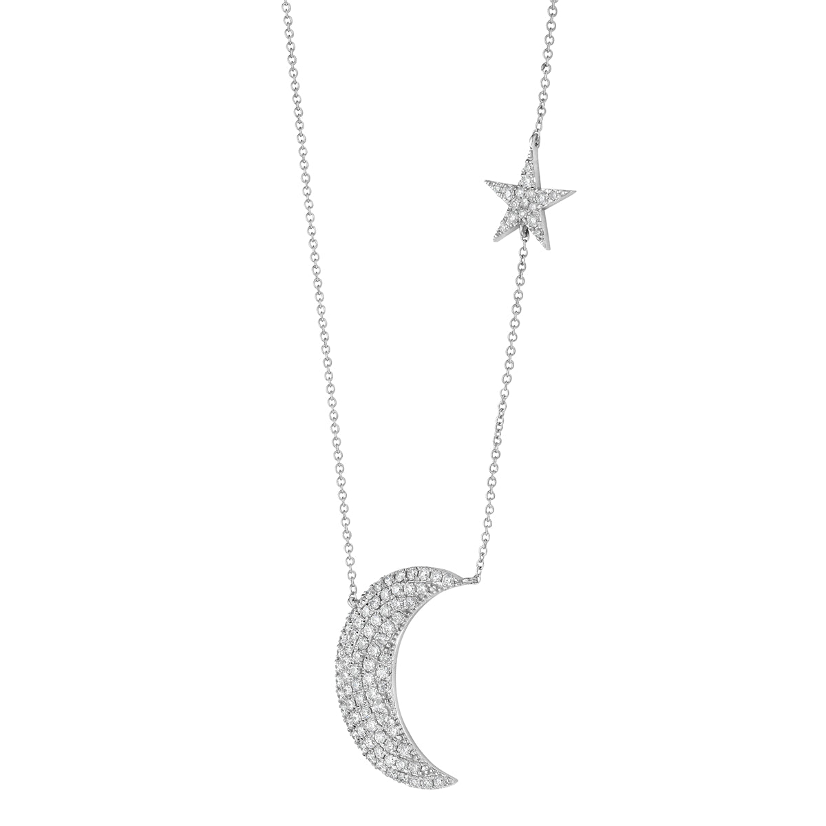 14K White Gold Diamond Moon and Star Pendant