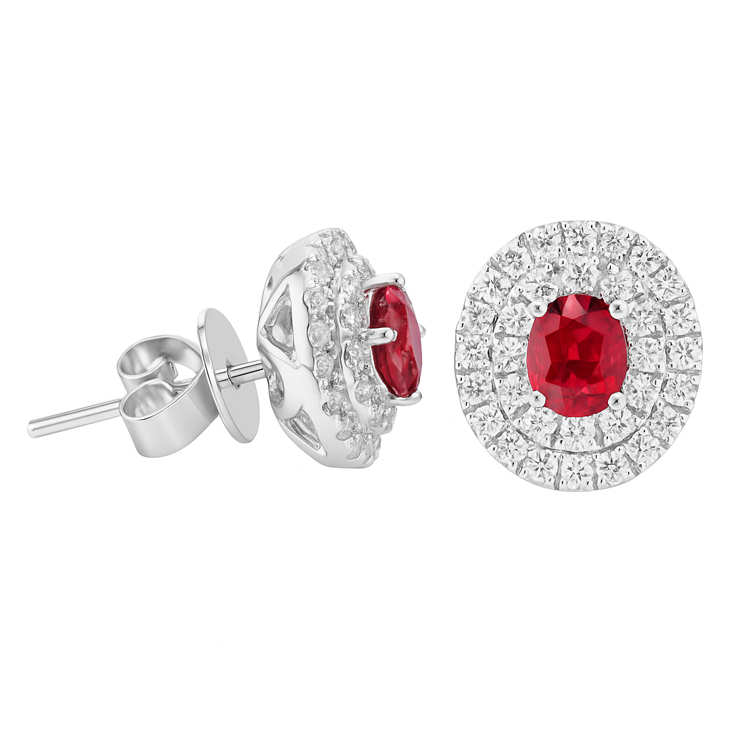 14K White Gold Ruby with Double Diamond Halo Stud, 0.78ct