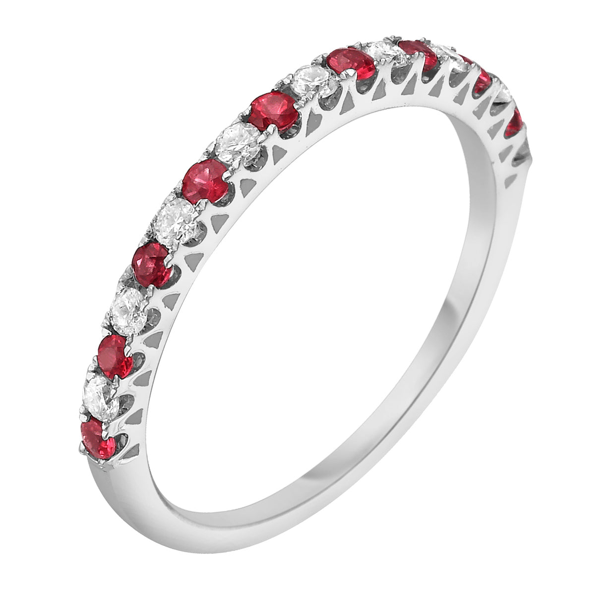 14K White Gold Alternating Ruby and Diamond Band, 0.22ct