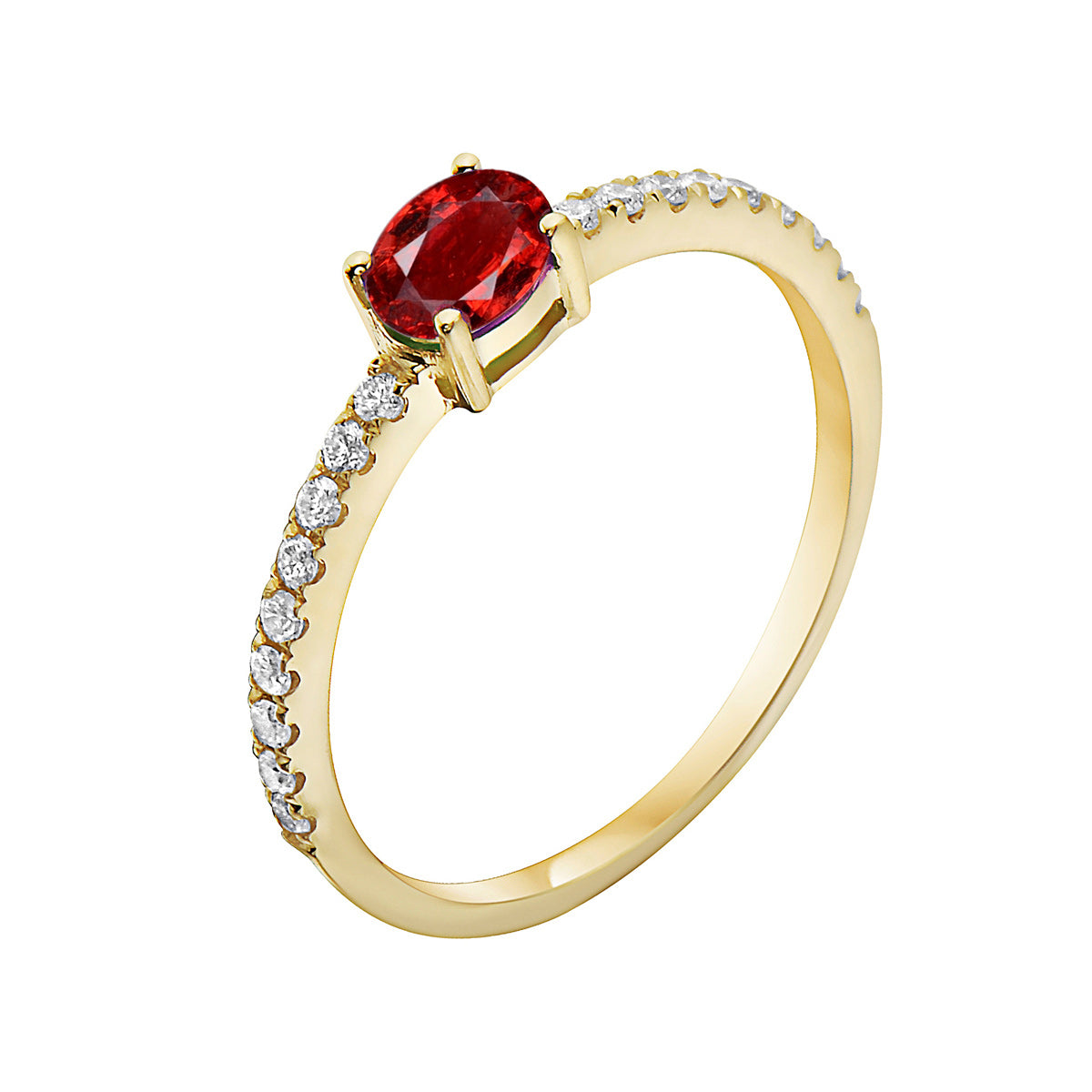 14K Yellow Gold Ruby Solitaire Ring in Diamond Band, 0.43ct