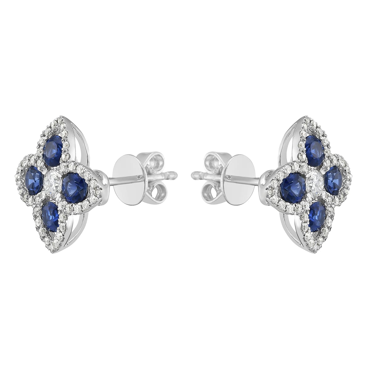 14K White Gold Sapphire and Diamond Flower Earrings, 0.78ct