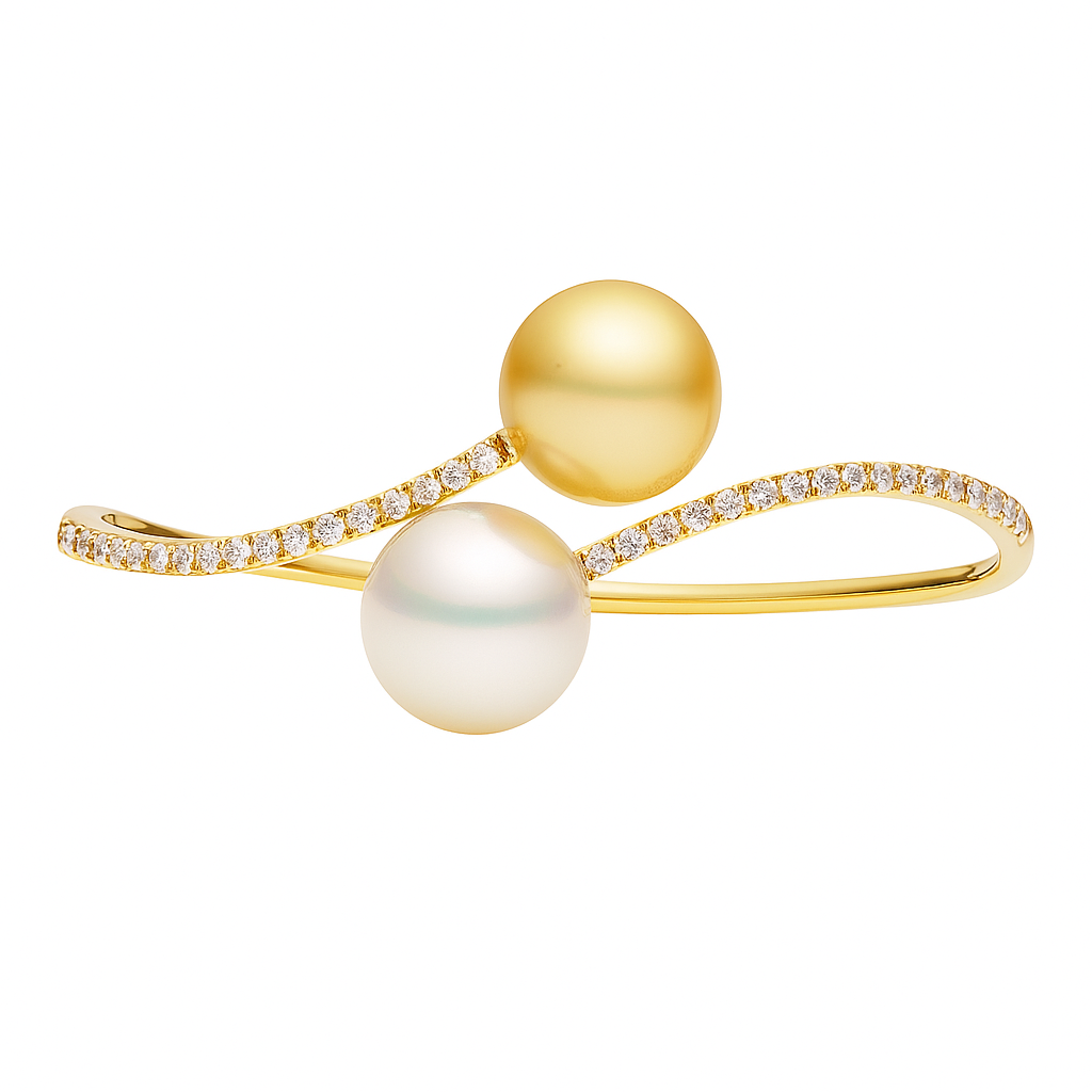 18K Yellow Gold White & Golden South Sea Pearl Bangle,12-13mm, 1.03ct