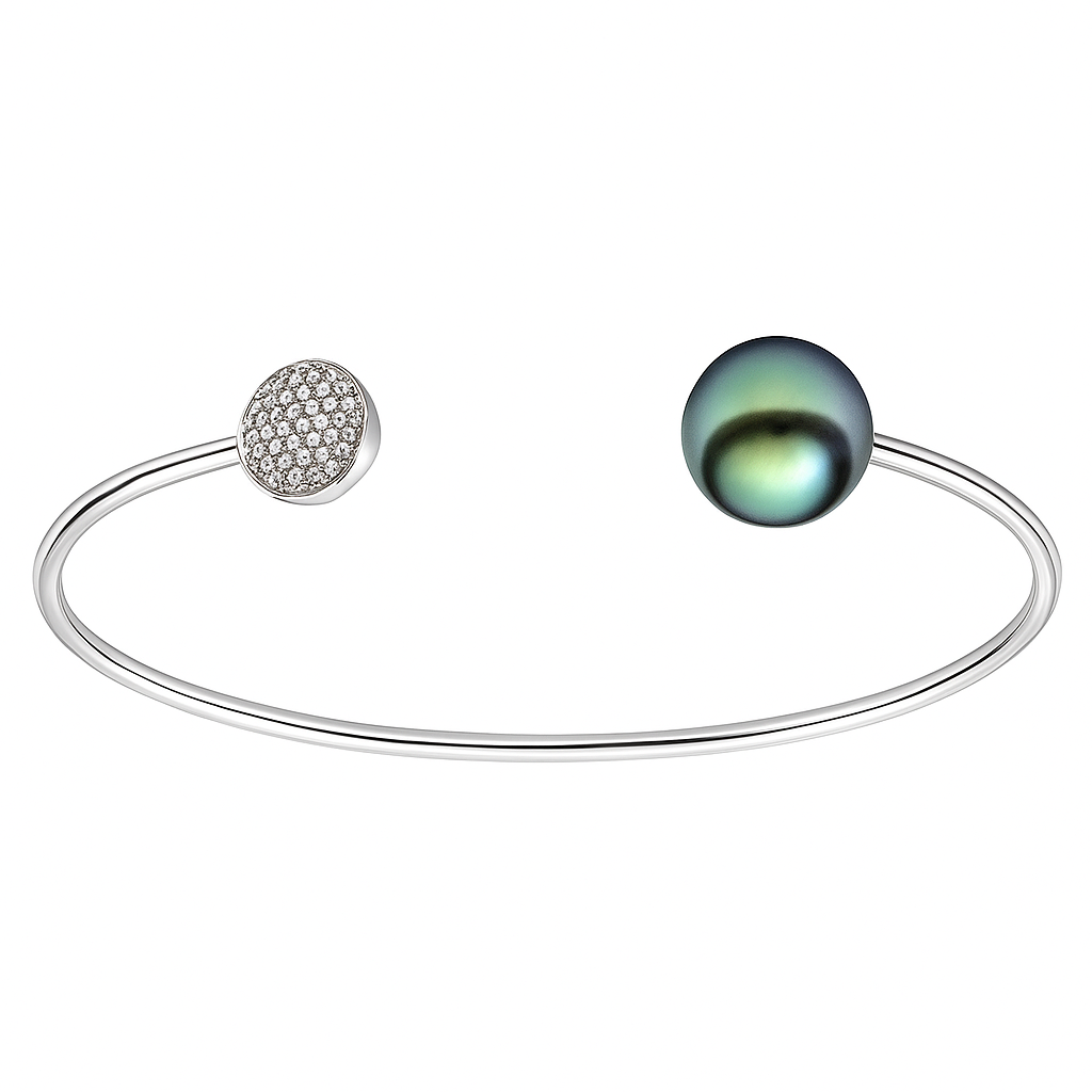 18K Bangle Tahitian Pearl Diamond Bracelet, 11-12mm, 0.14ct