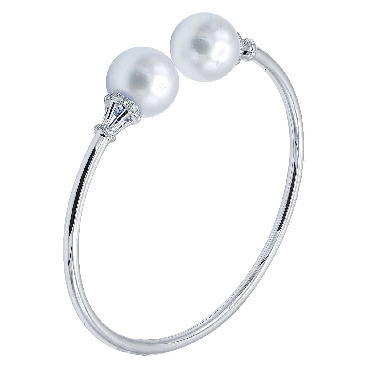 14K White Gold South Sea Pearl Bangle Bracelet, 11-12mm, 0.19ct