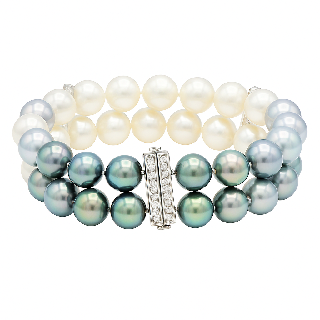 18K White Gold Ombre Double-Row Pearl Bracelet, 9-10mm, 0.57ct