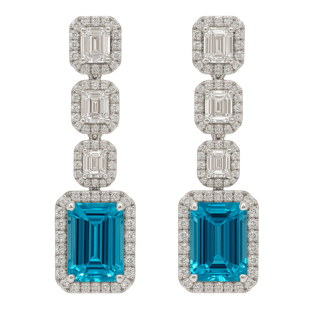 Handmade 18K White Gold Blue Zircon Earrings, 9.1ct