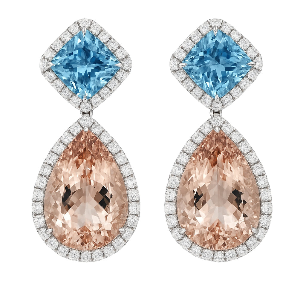 Handmade 18K White Gold Aquamarine Morganite Earrings, 20.41ct