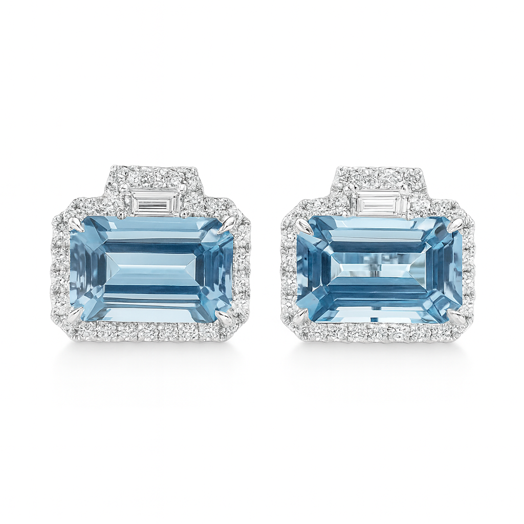 CE055918-AQ - Earrings 18KW/6.7G 2AQUA-10.82CT 2TRAP-0.27CT 52RD-0.91CT