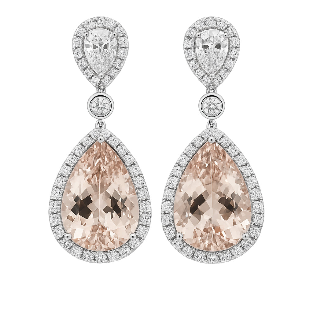 CE056054-M - Earrings 18KW/6.8G 2MORG-7.25CT 2PEAR-0.50CT 80RD-0.91CT