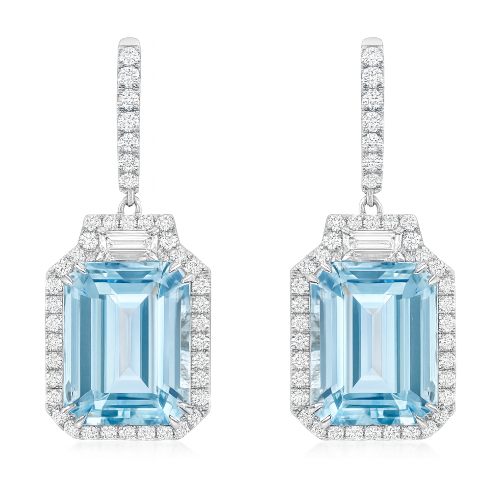 CE056602-AQ - Earrings 18KW/7.4G 2AQUA-16.00CT 2TRAP-0.49CT 84RD-1.16CT