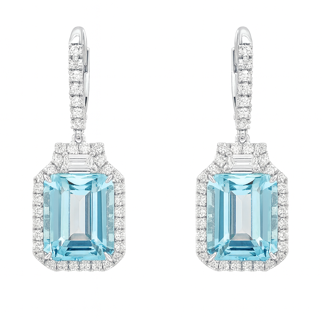 CE056603-AQ - Earrings 18KW/5.9G 2AQUA-10.74CT 2TRAP-0.37CT 72RD-0.97CT