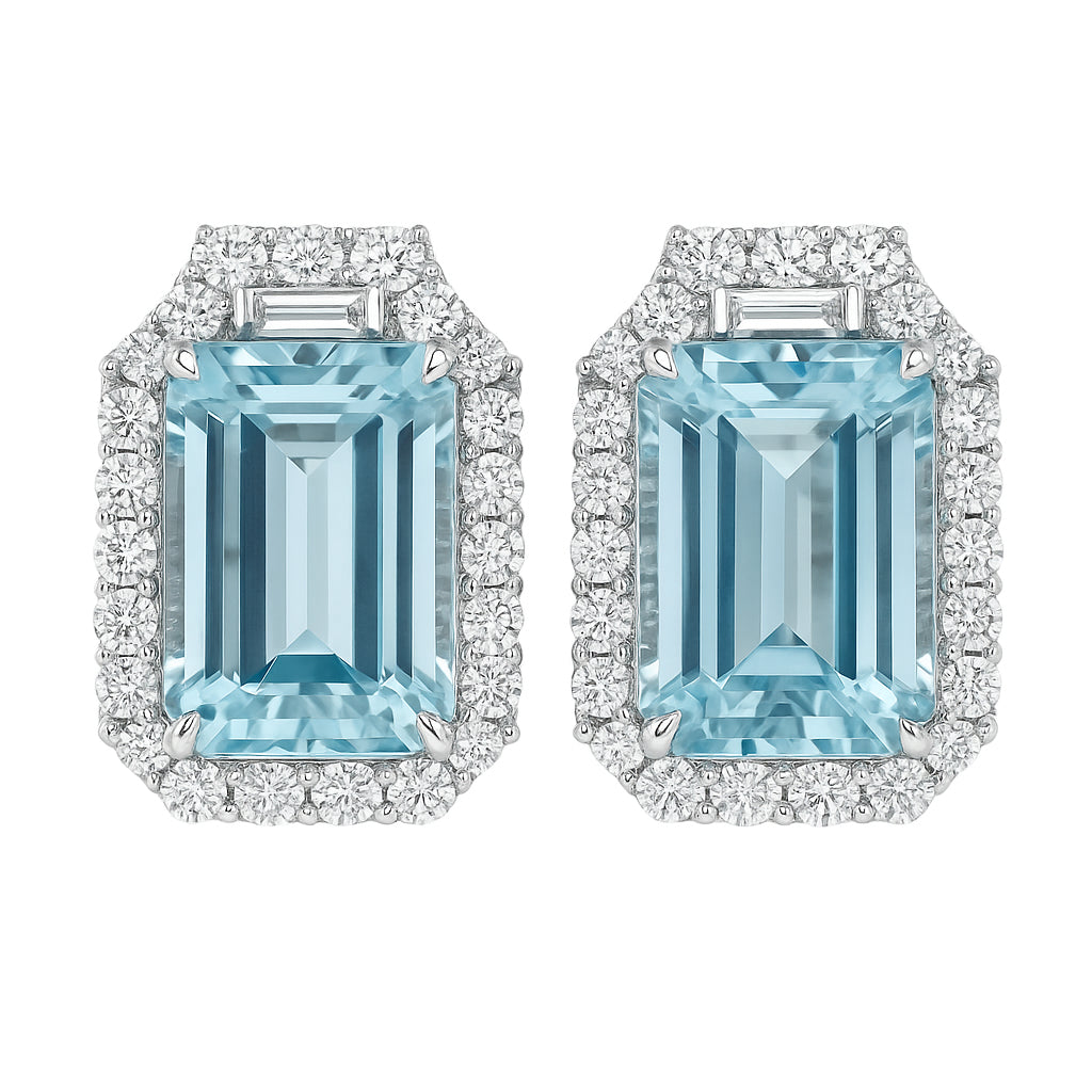 Handmade 18K White Gold Aquamarine Earrings, 8-9mm, 8.89ct