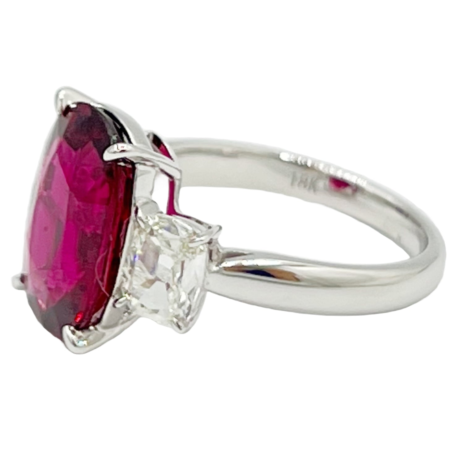 Handmade 18K White Gold Rubellite 3 Stone Ring, 4.96ct