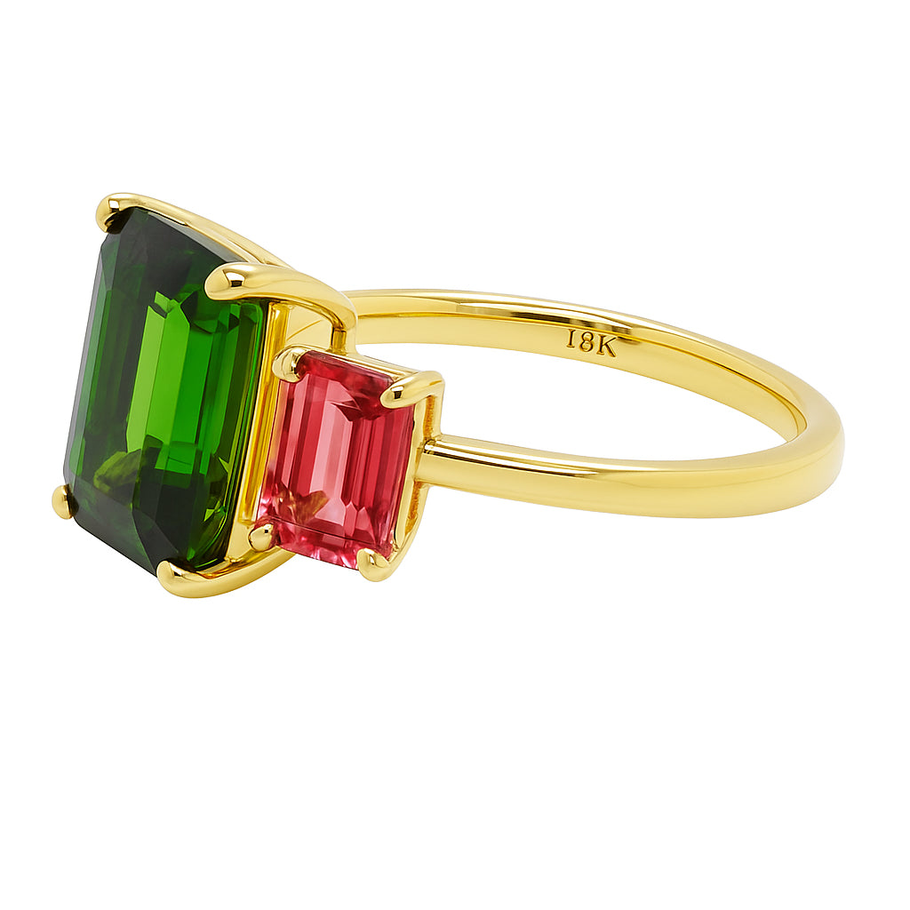 Handmade 18K Yellow Gold Tourmaline Ring, 3 Stone, 6.31ct
