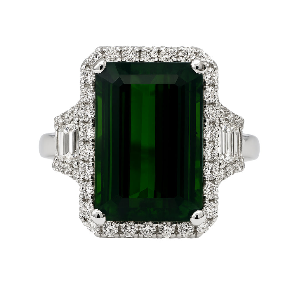 Handmade 18K White Gold Tourmaline Diamond 3-Stone Ring, 6.47ct