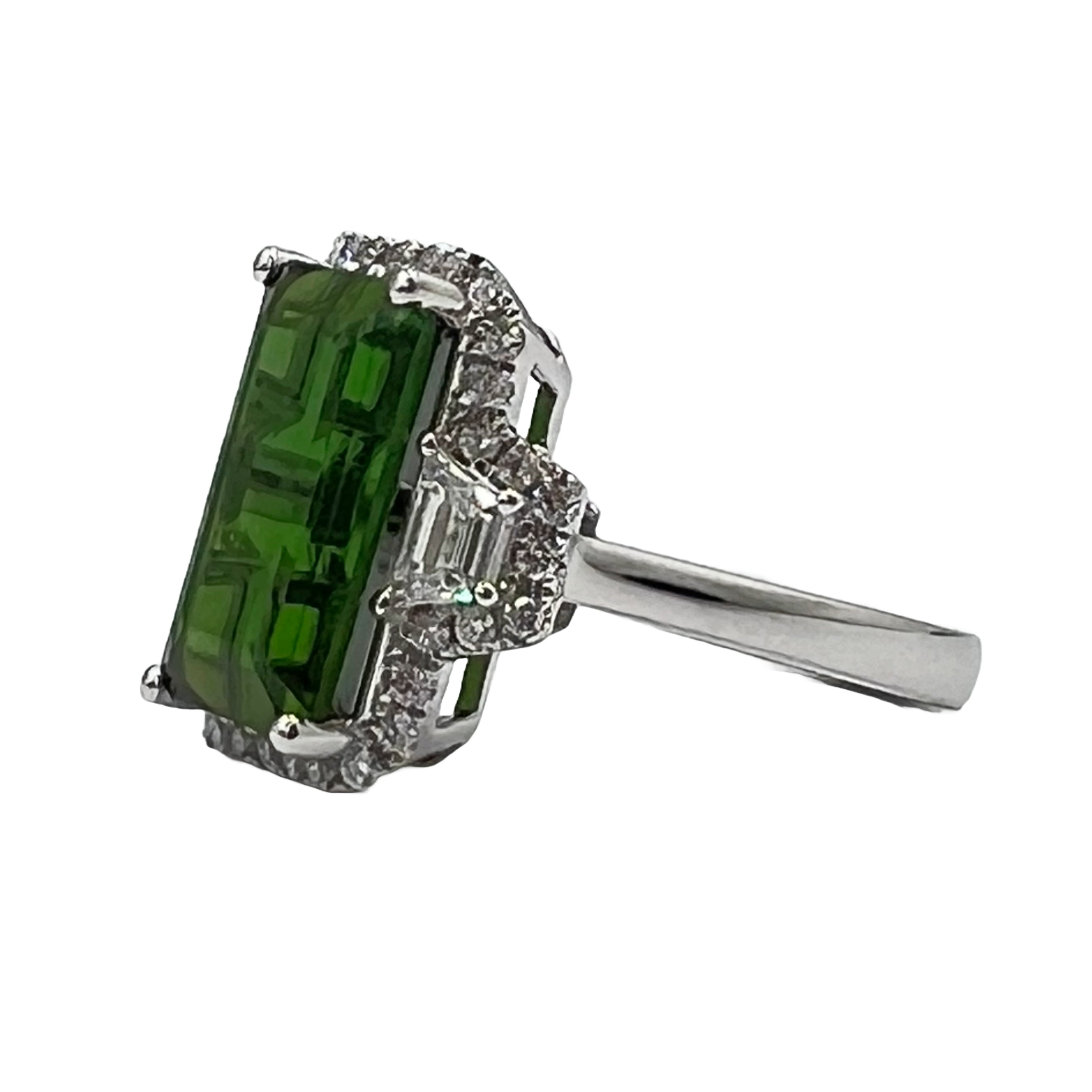 Handmade 18K White Gold Tourmaline Diamond 3-Stone Ring, 6.47ct
