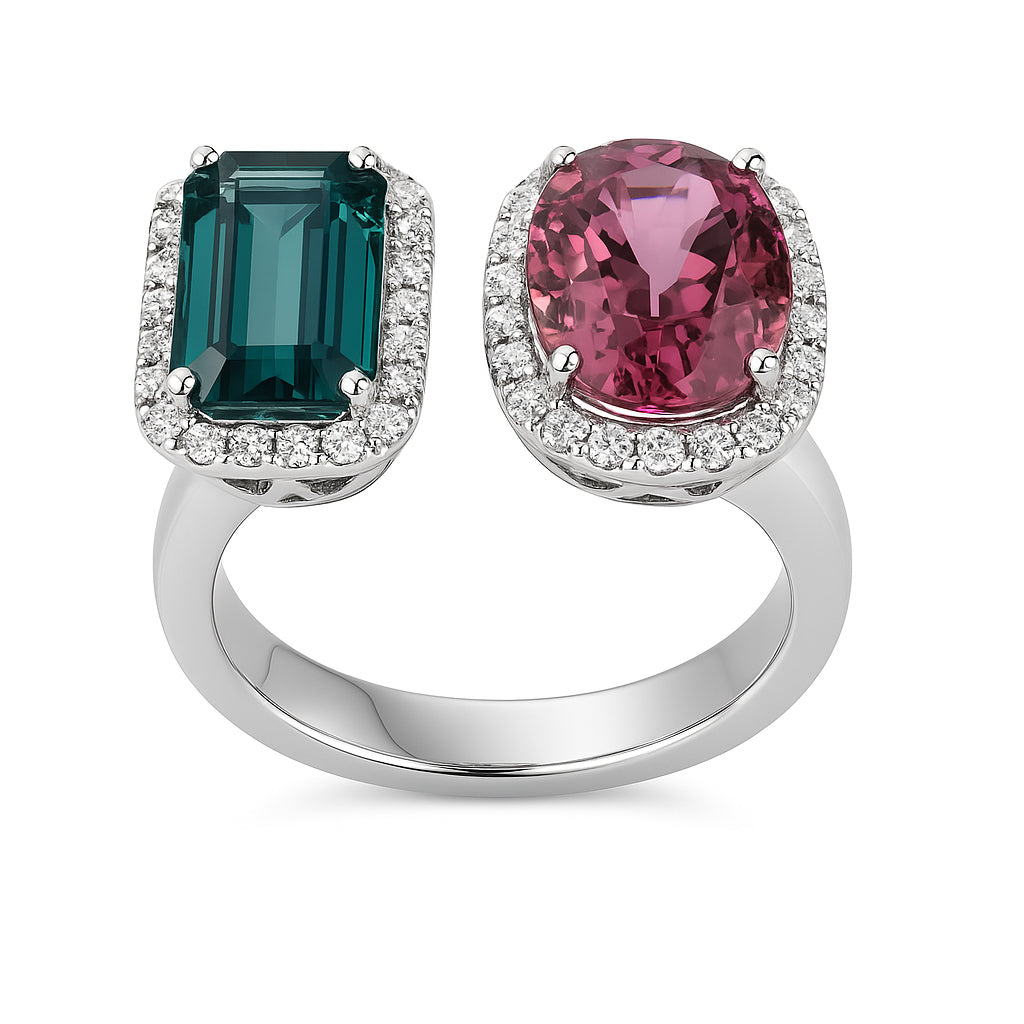 Handmade 18K White Gold Tourmaline Ring, 2 Stone, 5.19ct