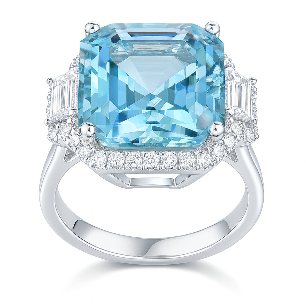 CR055919-AQ - Ring 18KW/4.9G 1AQUA-7.90CT 2SIDES-0.28CT 36RD-0.30CT