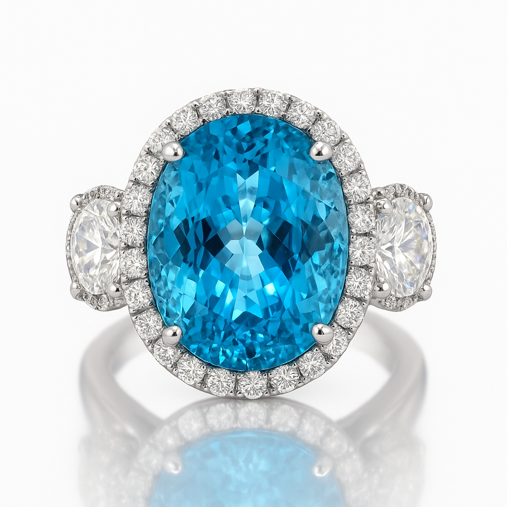 CR056718-AQ - Ring 18KW/8.5G 1AQUA-13.51CT 2OV-0.81CT 50RD-0.73CT