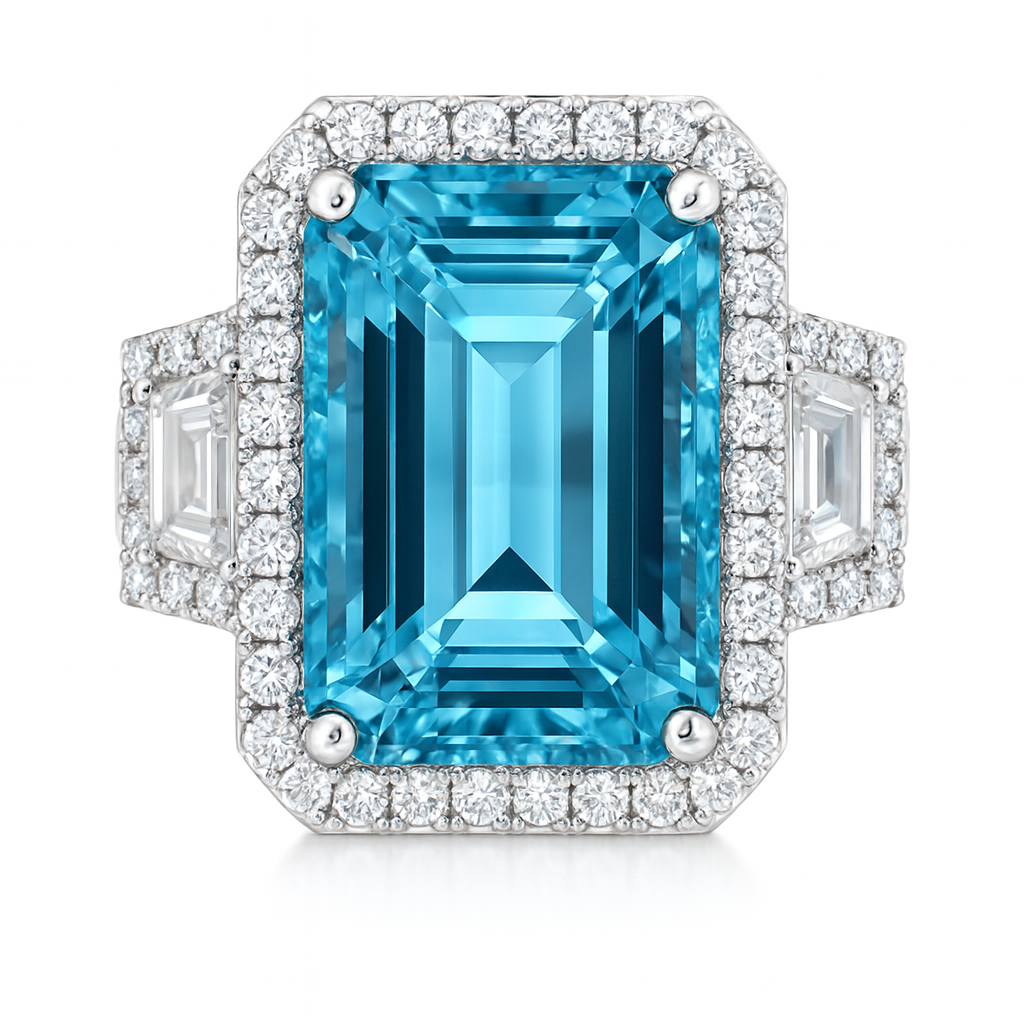 CR056720-AQ - Ring 18KW/9.4G 1AQUA-12.85CT 2TRAP-0.66CT 52RD-0.73CT