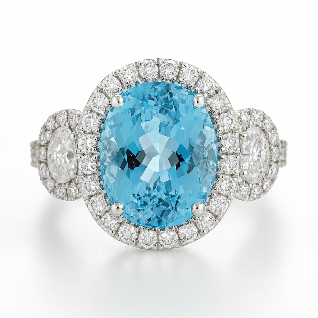 CR056726-AQ - Ring 18KW/7.3G 1AQUA-5.70CT 2OV-0.61CT 40RD-0.72CT